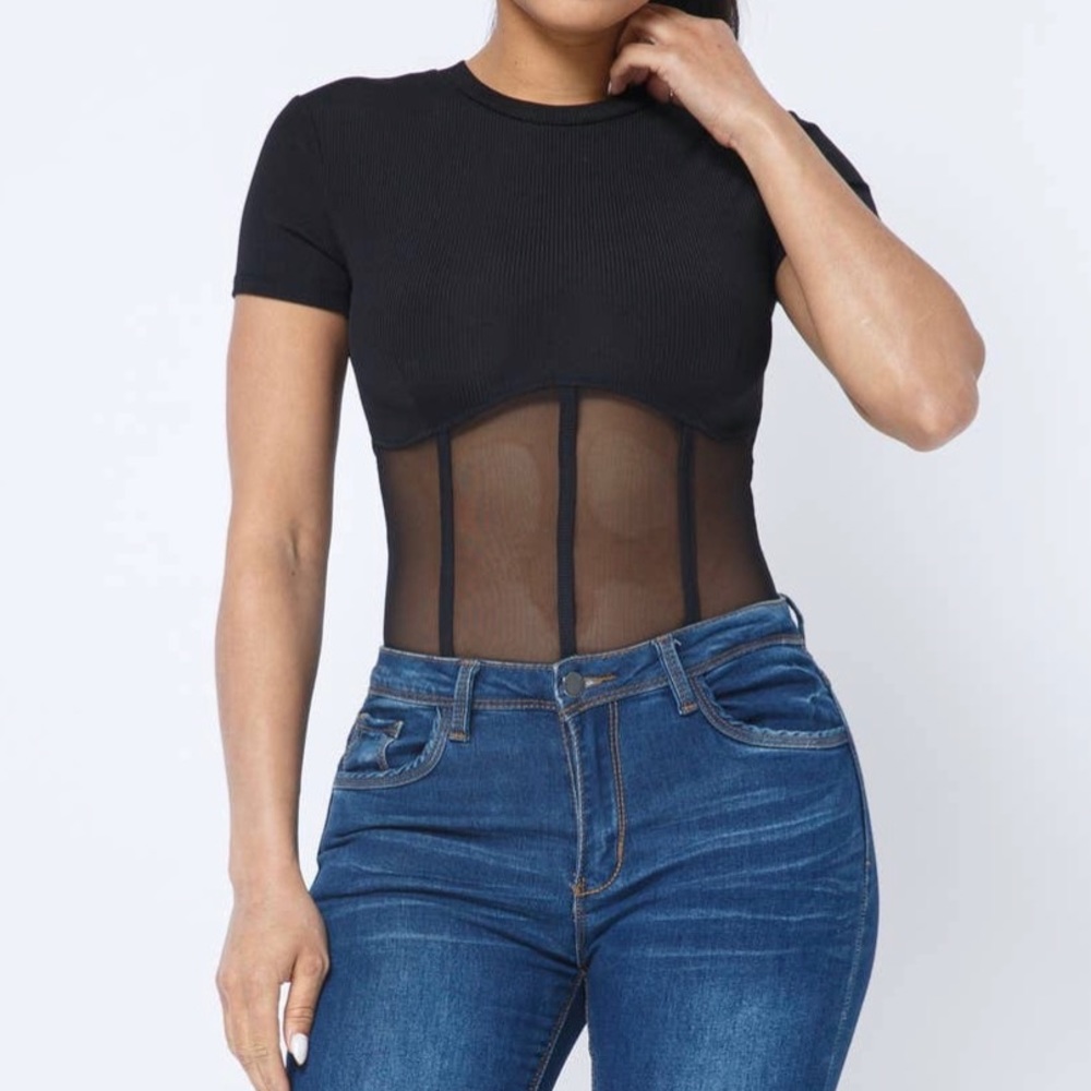 Ribbed Mesh Corset Style Bodysuit